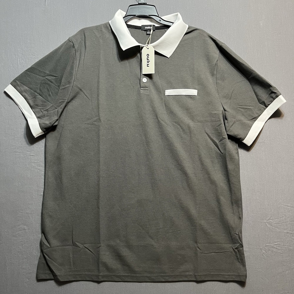 NEW OUKU Gray White short Sleeve Polo Dress Shirt Mens Size XL
